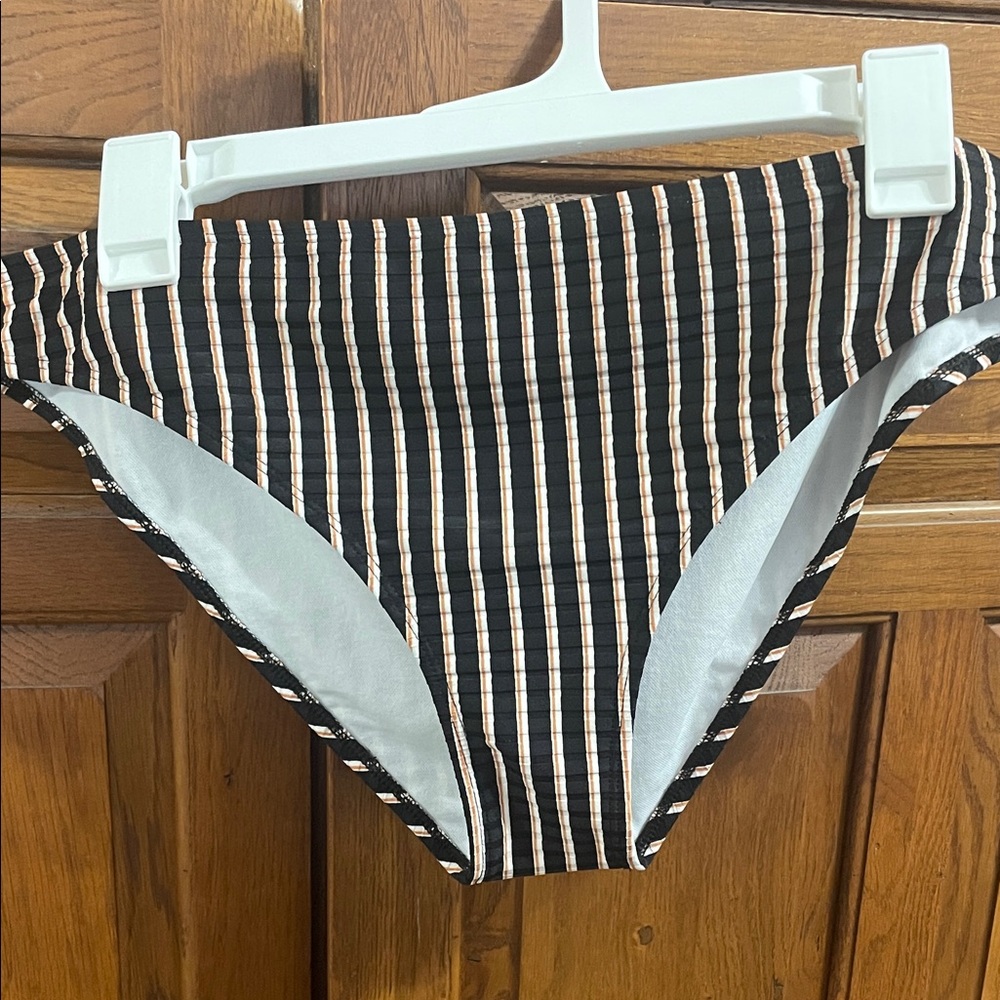 Shade & Shore Black and Cream Vertical Stripe Bikini Bottoms NWT Sz.LG